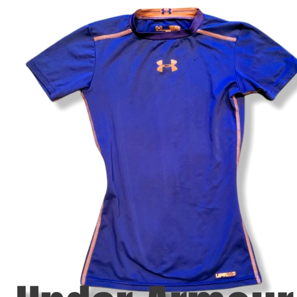 Under Armour S Boys Fitted Blue UPF 50 Short Sleeve Heat Gear